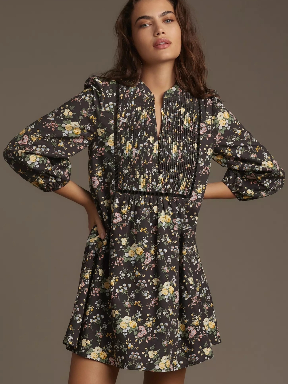 ENGLISH FACTORY, ANTHROPOLOGIE Floral Pintuck Black Mini Dress